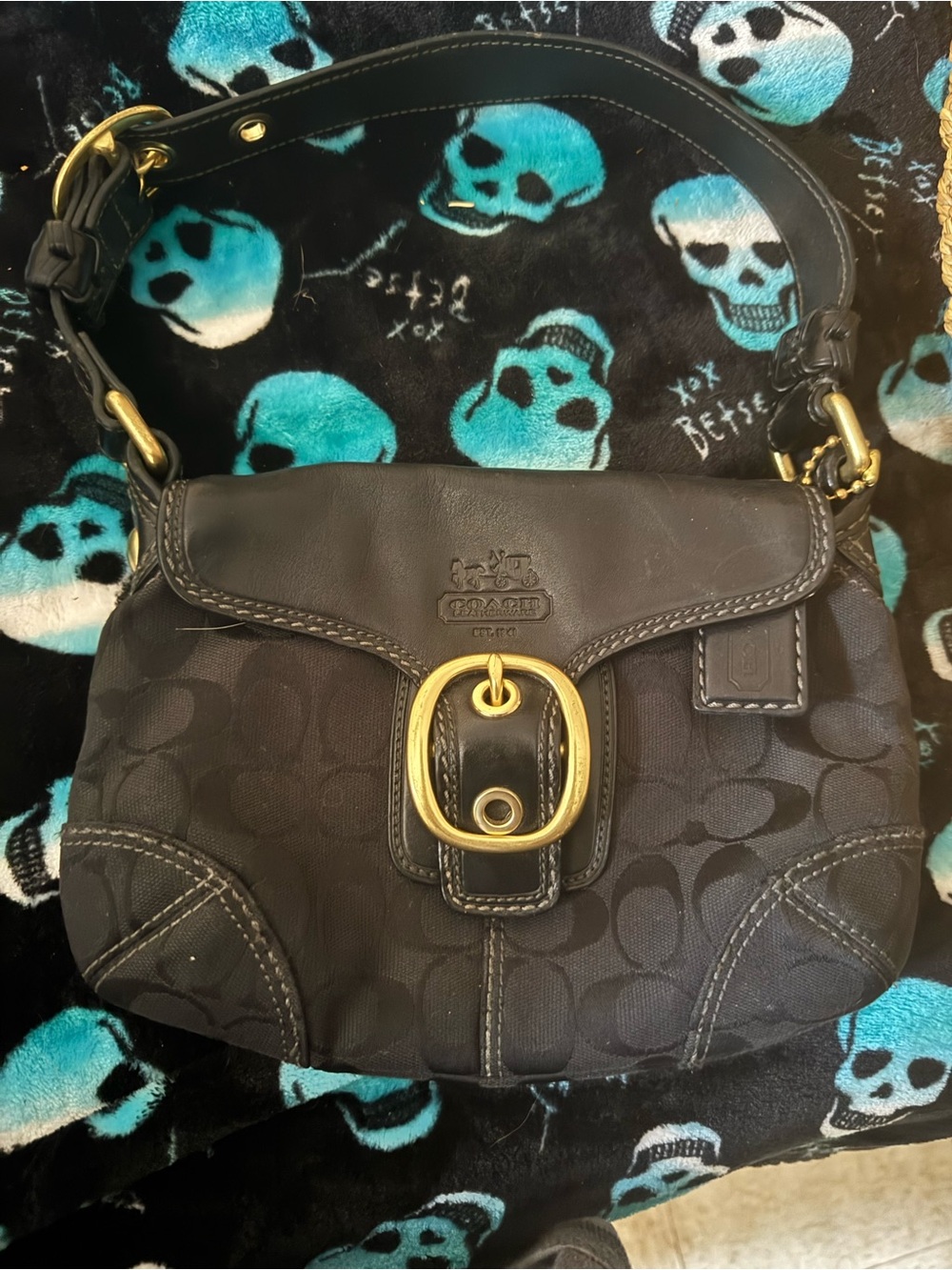 Coach Vintage 2000's Black Signature Canvas Shoulder Bag with Brass Buckle